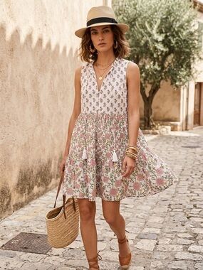 Japna White Dress with Pink & Green Floral Print